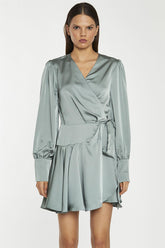 Dusty-Green Satin Wrap Mini-Dress