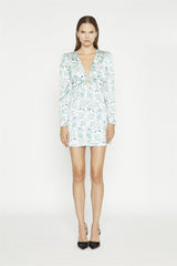 White-Mint Paisley Satin Gathered Keyhole Mini-Dress