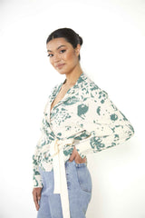 Cream Green Abstract Oversized Blouse with Wrap Tie
