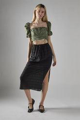 Black Check High-Waist Split Thigh Midaxi-Skirt