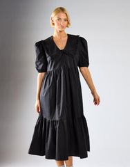 Black V-Neck Ruffle Collar Midi Dress