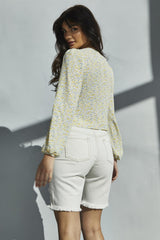 Yellow Vintage daisy V-Neck Button Front Blouse