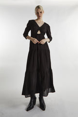 Black-Linen Cut-Out Maxi-Dress