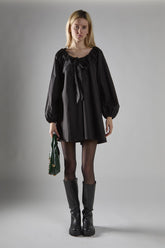 Black Long-Sleeve Tie Detail Mini-Dress