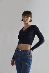 Navy Button-Front-Crop Cardigan