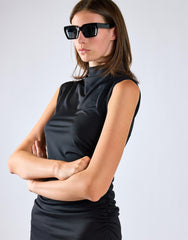 Black Sleeveless High-Neck Ruched Midi Bodycon Dress
