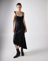 Asymmetrical Scoop Neck Midi Dress - Black Satin