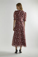 Burgundy-Floral Organza V-Neck Midaxi-Dress