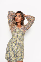Multi Orange Yellow Ditsy V-Neck Balloon-Sleeve Mini Dress