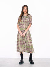 Green Devore Check High Neck Short Sleeve Midi Dress