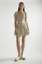 Stripe-Ditsy Linen Scoop-Neck Crop-Top