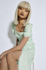 White Mint Ditsy Side Split Puff Shoulder Midi Dress