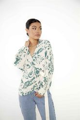 Cream Green Abstract Oversized Blouse with Wrap Tie