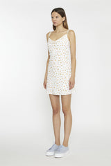 White Orange Ditsy Cowl Neck Mini-Dress