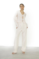 Soft-Pink-Plisse Front-Tie Long-sleeve-Top