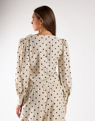 Natural Black Spot V-Neck Button-Up Top