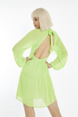 Acid-Lime Long-Sleeve-Open-Back Mini-dress