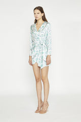 White-Mint Paisley Satin Wrap Mini-Dress