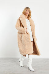 Dark Cream Midi Lapel Collar Curly Fur Coat
