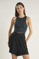 Black Ribbed Round-Neck Crop-Top