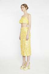 Yellow-Square-Sequin Spaghetti-Strap Crop-Top