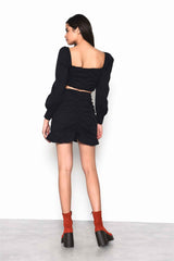Black Ruched Top with Full Length Puff Sleeves