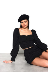 Black Ruched Top with Full Length Puff Sleeves