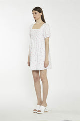 Square Neck Short Skater Dress - White Pink Floral