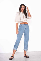 Ecru Puff Sleeve Blouse with Crochet Trim