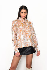 Pink Gold Multi Floral Voluminous Fit Blouse with Neck & Sleeve Ruffle Detailing