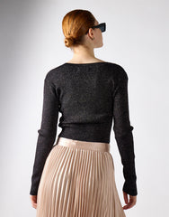 Black Glitter Knit V-Neck Long Sleeve Crop Top