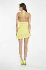 Neon-Yellow Ruffle Halterneck Mini-Dress