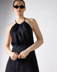 Open Tie Back Mini Dress - Black Linen