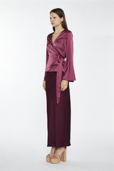 Dark-Raspberry Satin Fluted-Sleeve Wrap-Top