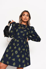 Navy-Bouquet Long Sleeve Mini-Dress