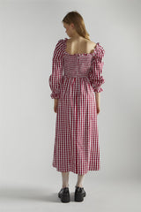 Cherry-Red-Gingham Front-Tie-V-Neck Midaxi-Dress