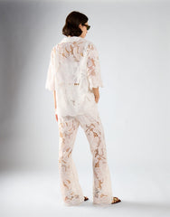 White Embroidered Flared High Waisted Trousers