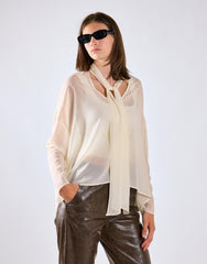 Cream Sheer Tie-Neck Blouse