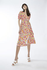 Bright-Floral Wrap Midi-Dress