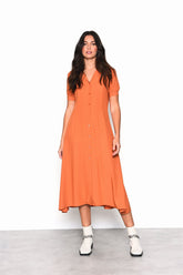 Burnt Orange Button Up Puff Sleeve Midi Dress