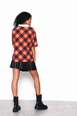 Orange Check Oversized Top with Contrasting White Collar