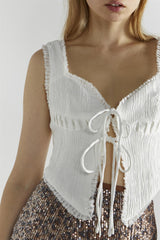 White Textured Shirred Tie-Front Crop-Top