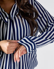 Navy Cream Stripe Bow-Collar Blouse