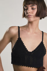Black Sleeveless-V-Neck-Crochet Crop-Top