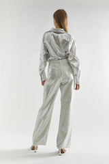 White Silver-Foil High-Waisted Wide-Leg Jeans