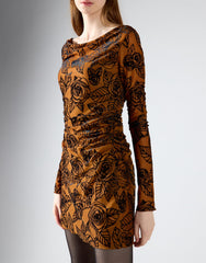 Rust Rose Mesh Long Sleeve Mini Dress