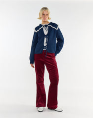 Navy Ruffle Trim Collar Tie-front Cardigan