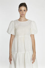 Cream Textured-Brocade Tiered Midi-Dress