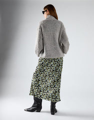 High-Waisted Long Skirt - Black Grey Flower