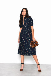 Navy Cottage-Floral V-Neck Midi-Dress